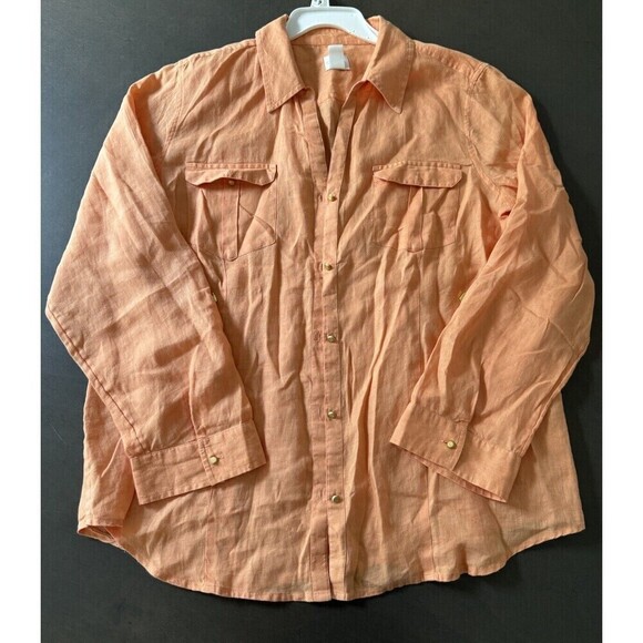 chicos linen shirt orange gold button down roll tab sleeves 100% linen size 2/ L - Picture 2 of 13